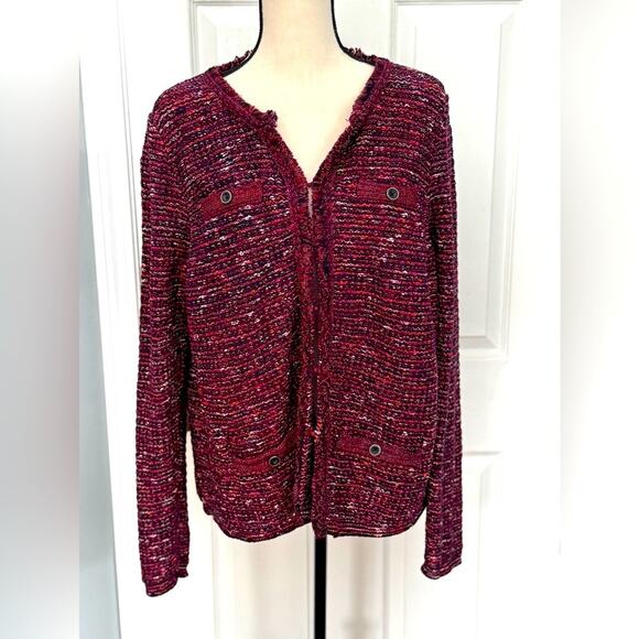 J.Jill Women's Burgundy Red Tweed Fringed Knit Blazer Cardigan Jacket L TALL - Picture 1 of 11
